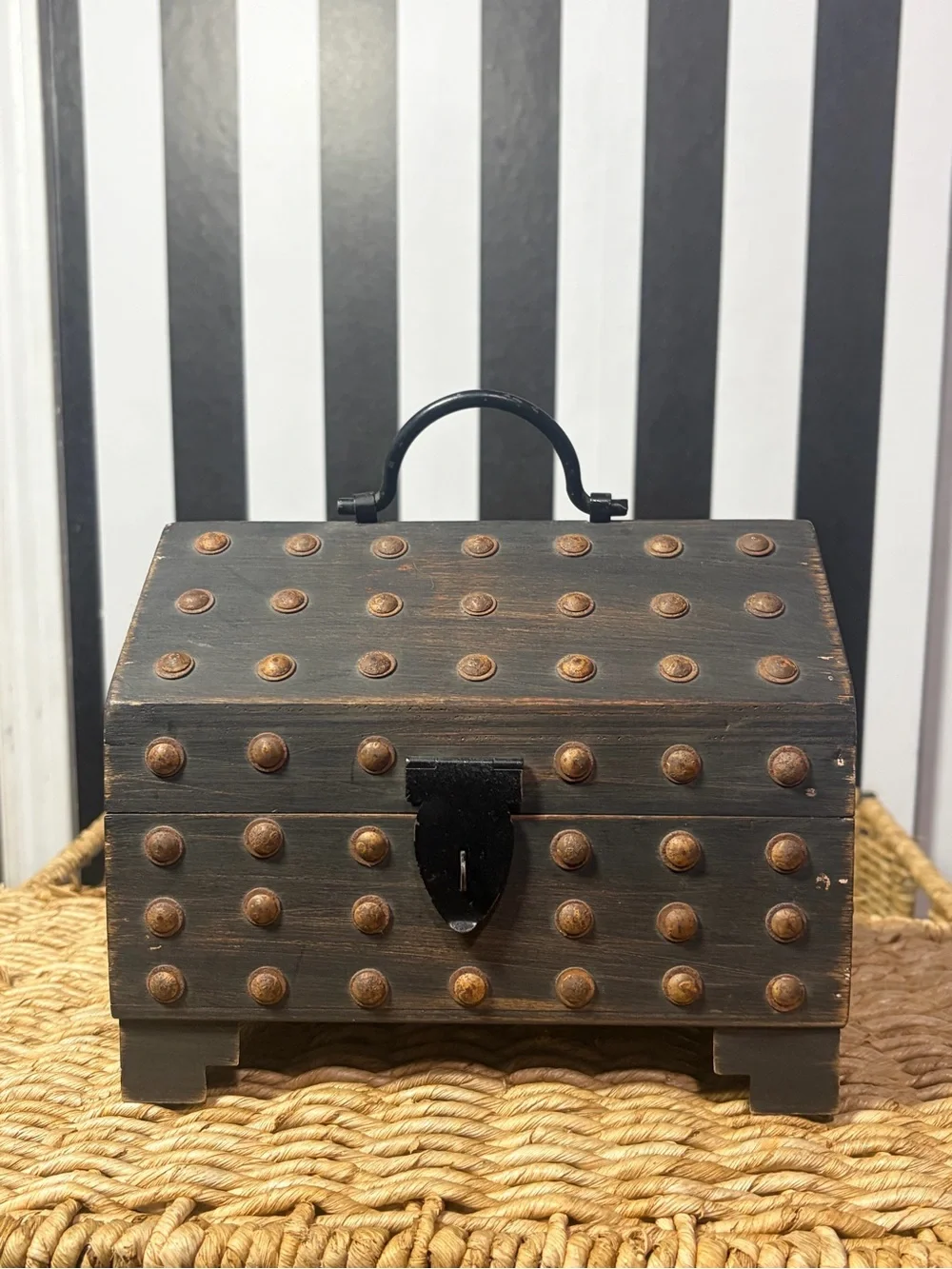 Wooden Treasure Chest Box Rustic Studded Metal Clasp Hinged Peaked Lid Decor